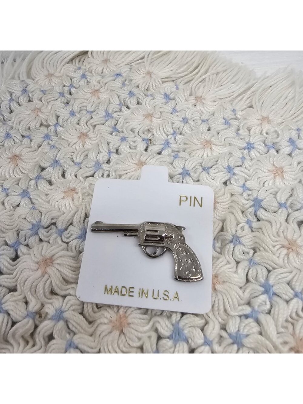 Vintage Silver Tone Revolver Pistol Lapel Pin Made in USA Cowboy Western Novelty